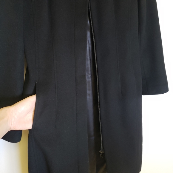 Tara Jarmon 36 Wool/Cashmere* Trench Coat Black Contrasting Faux Leather Trim - Picture 6 of 16